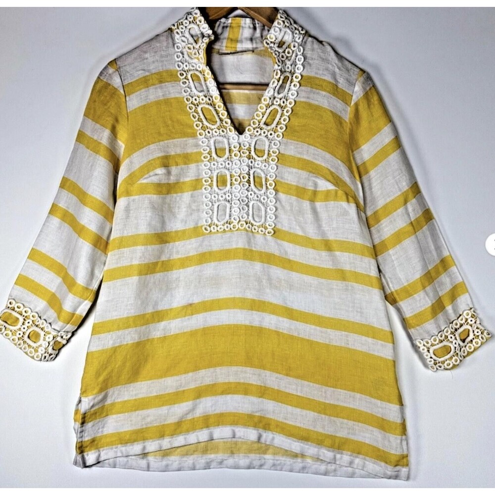 Charter Club Shirt‎ Womens Petite Yellow White Linen Striped Luxury Tunic Top